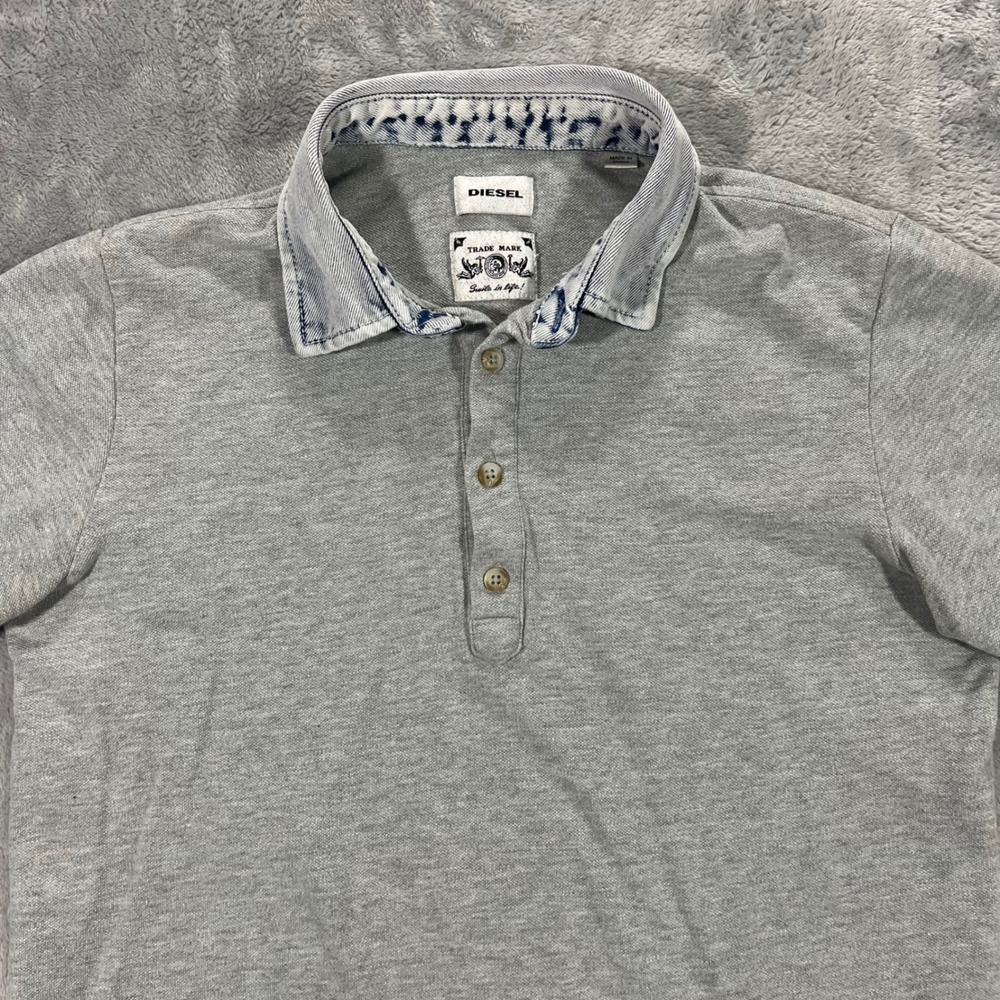 DIESEL Polo Shirt Mens Small Grey Chambray Denim Collar Short Sleeve Streetwear